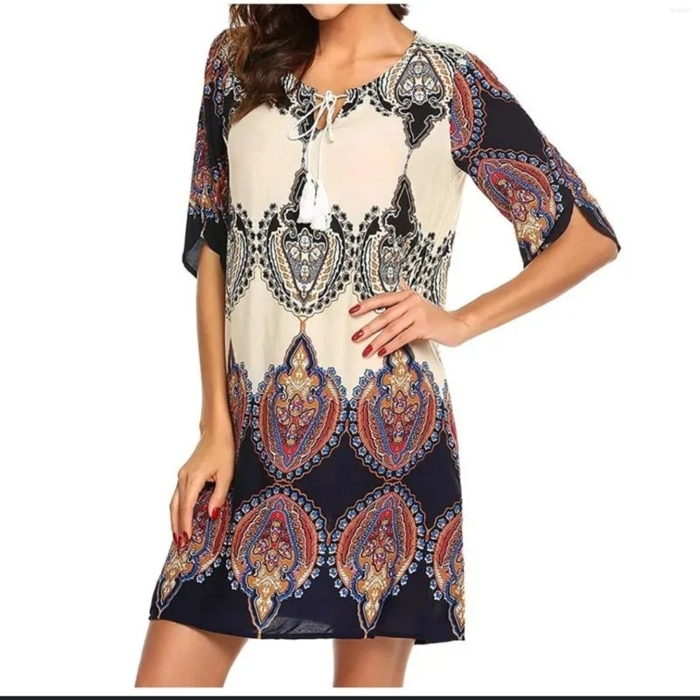 Halife Vintage EthnicStyle Printed Tassel Tie Neck Loose Fit Bohemian Medium